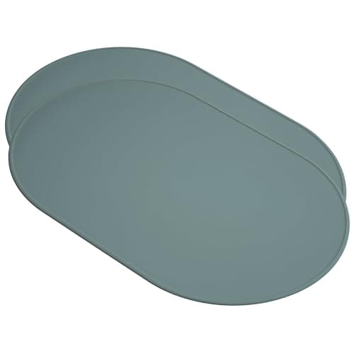 LINE+ARC Waterproof, Stain-Resistant, Heat-Safe Silicone Degrē Placemats (20.5x13, Set of 2 Sage) 3mm-High Rim Adults Babies Easy-to-Clean Washable Oval Modern Non-Slip Large Table Mats