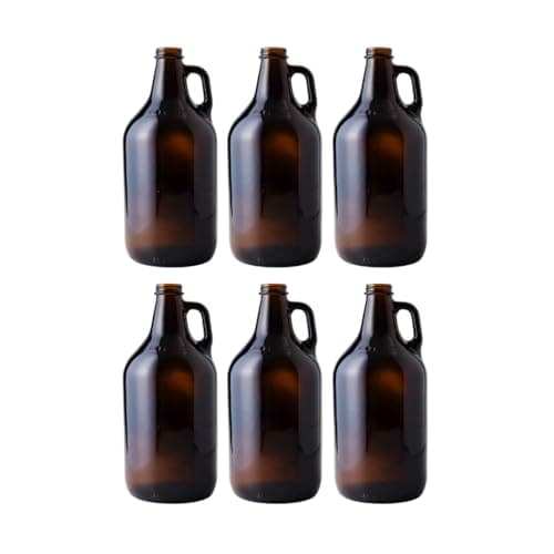 FastRack 64 oz Amber Glass Growlers (Pack of 6) | Half Gallon Beer Growler with 18 Poly Seal Caps | Reusable 1/2 Gallon Glass Jug for Homebrew, Kombucha, and Beverage Storage