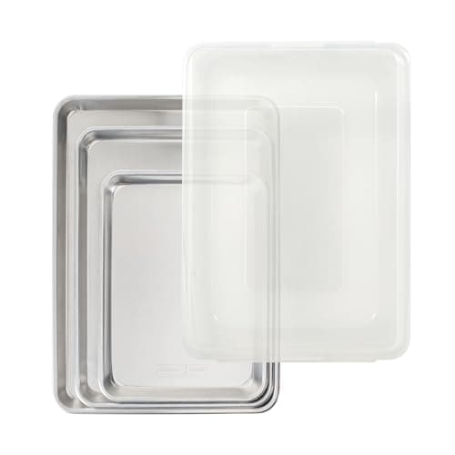 Nordic Ware Naturals 4 Piece Set - USA Made Aluminum Commercial Quality Pans for Baking or Roasting, Encapsulated Galvanized Steel Rim Prevents Warping; Quarter Sheet, Jelly Roll, Half Sheet with Lid