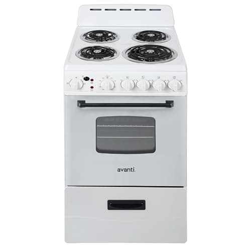 Avanti Electric Range Oven Compact Design, 2.1-Cu.Ft. Capacity with 4 Coil Burners, Framed Glass Oven Door, Storage Drawer and Broiler with Pan, 20-Inch, White