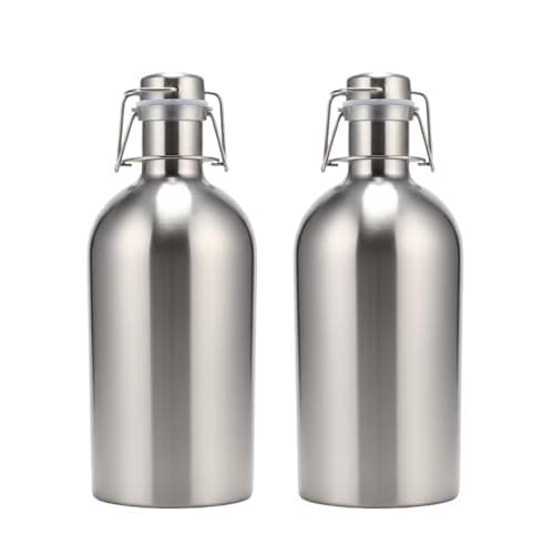 GOVNPJ Beer Growler Set of 2-64 oz Stainless Steel Canteens with Flip Top Lid - Metal Growlers for Beer & Cold Drinks, Stainless Steel Flip Top Bottles