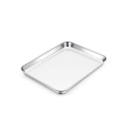 E-far Toaster Oven Tray, 10.5”x8.3” Stainless Steel Small Baking Cookie Sheet, Compact Non-toxic Metal Baking Pan for Cake, Healthy & Rust Free, Mirror Finish & Dishwasher Safe, 1 Pack