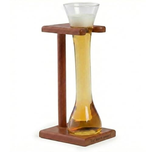 Bey-Berk Personalized Quarter Yard of Ale Glass with Wooden Stand, 12 oz Long Beer Glass and Engravable Solid Wood Base