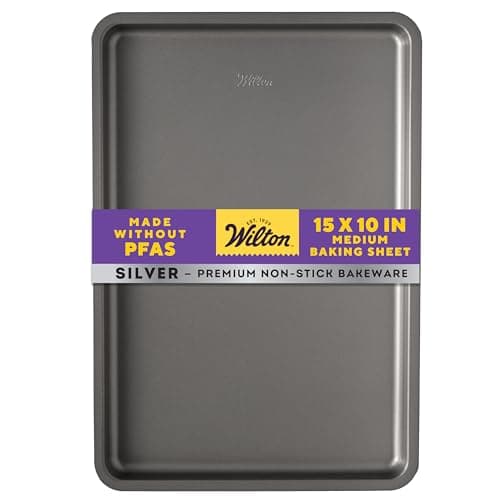 Wilton Silver Non Stick Medium Baking Sheet, 15.25 x 10.25 Inch, Cookie Sheet for Baking, Roasting, Sheet Pan Meals, Made without PFAS, Durable Steel, Even Heating