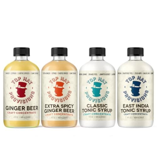 Top Hat Tonic & Ginger Soda Maker Combo Kit - East India Tonic Syrup, Classic Tonic Syrup, Original Ginger Beer Syrup & Extra Spicy Ginger Beer Syrup - 4 Pack 4oz Bottles