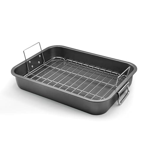 Farberware Bakeware Nonstick Steel Roaster with Flat Rack, 11-Inch x 15-Inch, Gray