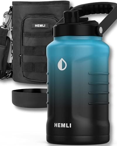 HEMLI One Gallon Insulated Stainless Steel Water Bottle, 128 oz Jug, Triple-Walled Vacuum-Sealed Beer Growler, with Carrying Case (New Blue Black)