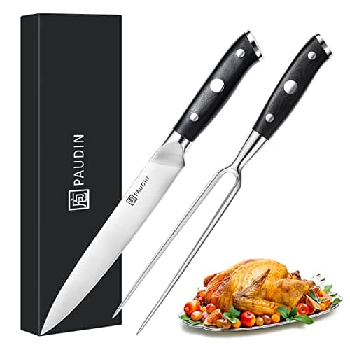 PAUDIN Carving Knife Set - 8" German Steel Turkey Carving Knife and Fork Set With Ergonomic Handle, Full Tang For Meat, Brisket
