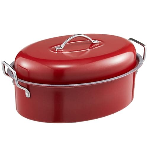 HONGBAKE 18 Inch Turkey Roasting Pan with Rack and Lid – Large Red Carbon Steel Roaster Pan for 20 lb Turkey, Oven Safe Baking Pan for Holiday Meals & Thanksgiving