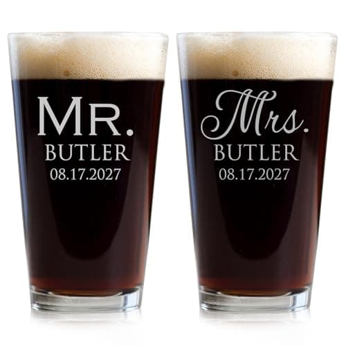 Lifetime Creations Pair (2) Engraved Personalized Mr. & Mrs. Pint Glasses 16 oz - Mr. and Mrs. Beer Glasses, Bride Groom Pint Glasses, Wedding Gift, Made in USA