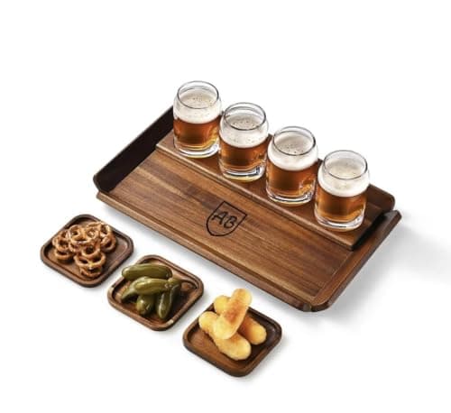 Shanik Personalized Wooden Beer Flight Paddle Tray Set with 4 Tasting Glasses & Coasters – Custom Engraved Rustic Acacia Wood Beer Sampler Board for Home Bar, Brewery Tasting, Birthday