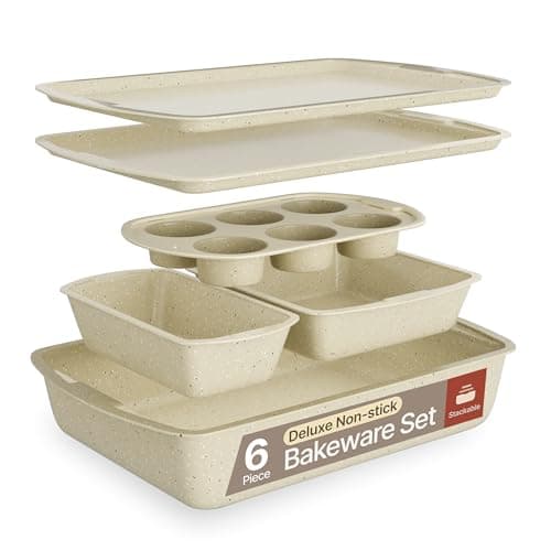 Bakken Swiss - Bakeware Set – 6 Piece – Stackable, Deluxe, Non-Stick Baking Pans for Professional and Home Cooking – Carbon Steel, White Stone Coating