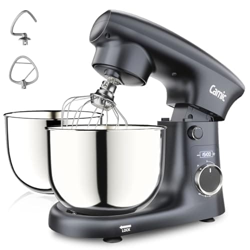 Camic Stand Mixer, 4.2QT+5.3QT Two bowls Electric Food Mixer, 10 Speeds with Digital setting 3-IN-1 Kitchen Mixer for Baking Cakes Cookie Bread Salad with Egg Whisk,Dough Hook,Flat Beater (Grey)
