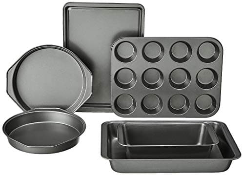 Amazon Basics 6 Piece Nonstick Carbon Steel Bakeware Set with Cake, Muffin, Cookie, and Loaf Pans, Easy Release, Oven Safe, 16.25 x 11.75 x 6.25 inches