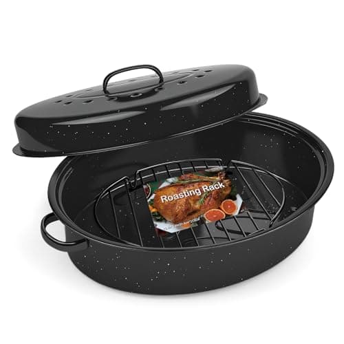 18In Turkey Roasting Pan With Rack and Lid, Large Granite Turkey Roaster Pan with Nonstick Rack for Oven Cooking, PFOA and PTFE Free, Fit for 15Lb Turkey, Dishwasher Safe