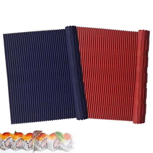 Esamploe 2 Pcs Silicone Sushi Mat,Non Stick Silicone Sushi Roll Mat,Durable Silica Sushi Roller,Reusable and Easy to Clean,Home Kitchen DIY Sushi Silica Making Tools(Red/Blue)