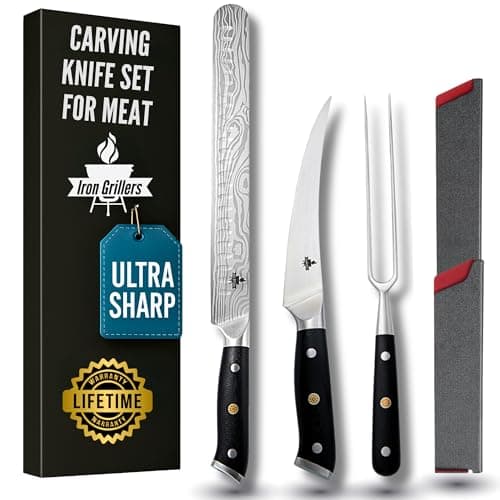 Carving Knife Set for Meat, Brisket & BBQ - 12" Slicing Knife, 6" Boning Knife & 6" Carving Fork for Effortless Meat Cutting - Razor Sharp German Steel, Full Tang & Ergonomic - Dual Sheaths Included