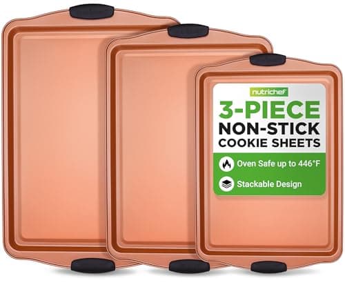 NutriChef 3 Piece Cookie Sheets for Baking - PFOA, PFOS, PTFE Free Nonstick Carbon Steel Bakeware Set - Home Kitchen Bake Pan Cookie Sheet Stackable Baking Sheet w/Black Silicone Handles NCSBS3S45