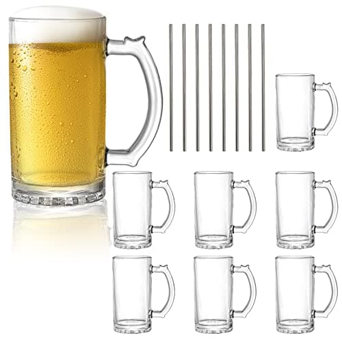Okllen 8 Pack 16 Oz Glass Beer Mug with Handle, Heavy Large Glass Steins Beer Cups with Stainless Steel Straws, Heavy Base, Thick Drinking Glasses for Freezer, Bar, Cocktail, Alcohol, Beverages, Soda