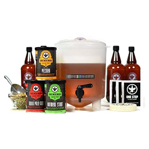 BrewDemon Premium Beer Kit Bonus with Bottles - Conical Fermenter Eliminates Sediment and Makes Great Tasting Home Made Beer - 1 Gal. Pilsner, Stout, and IPA Recipes