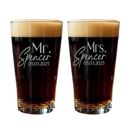 Personalized Mr. & Mrs. Beer Glass Set, Custom Engraved Pint Glasses (16 oz) – Wedding & Bridal Shower Gift for Couples, Engagement or Anniversary Present (Set of 2, Add Name and Date)