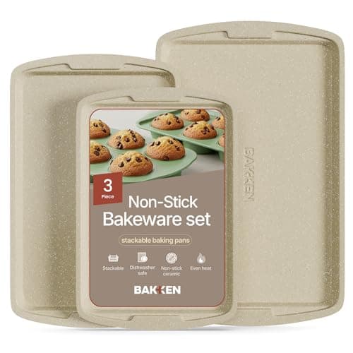 Bakken Swiss Cookie Sheet 3 Piece Set - Non-Stick, Stackable Baking Pans, White marble Deluxe Ceramic Coating – Dishwasher Safe - for Home Baking