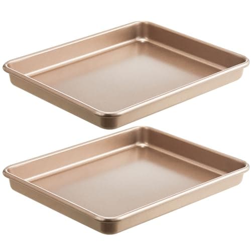 HONGBAKE 2 Pack 11 x 9 Inch Toaster Oven Pans and Trays, Small Baking Sheet Set for Cooking, Non-Stick Cookie Sheets, Heavy-Duty 0.8mm Thick, Easy to Clean, 1.26 Inch Deep, Gold