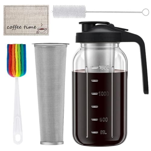 Cold Brew Coffee Maker, 64oz Cold Brew Pitcher with Stainless Steel Filter & Coffee Mat, Glass Cold Brew Mason Jar with Airtight Lid, Cold Brew Brewer Kit Tea Infuser Pitcher, Gifts for Coffee Lovers