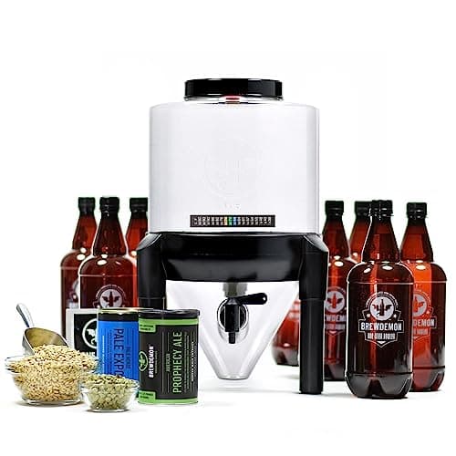 BrewDemon Premium Beer Making Kit w/Bottles – NO AIRLOCK OR SIPHON REQUIRED – Conical Fermenter Eliminates Sediment and Makes Great Tasting Beer at Home - Includes our 2 Gal. American Ale Recipe