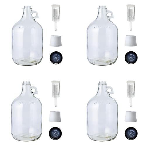 FastRack 4-Pack 1G Clear Glass Jugs with Polyseal Caps, 6.5G Rubber Bungs & 3-Piece Airlocks – Fermentation Jars for Home Brewing, Glass Fermenter Containers for Liquid Fermentation