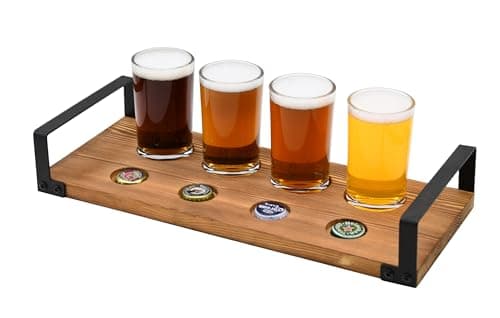 OwlGift Wood Craft Beer Flight w/Bottle Cap Storage Sampler Tray Holder Serving Set w/ 4 Glasses & Black Metal Handles – Dark Brown