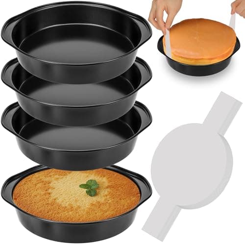 8 Inch Cake Pan, Nonstick 4 Pack Round Cake Pans with 100PCS Pre-cut Parchment Paper for Birthday Christmas, Durable Circle Cake Pan Sets with Handle for Baking Multi-Layer Cakes, Dishwasher Safe
