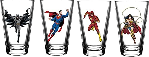 DC Comics Justice League Pint Glass Set - 16 oz. Capacity - Set of 4 Pint Glasses - Superman, Batman, Wonder Woman, Flash, Clear