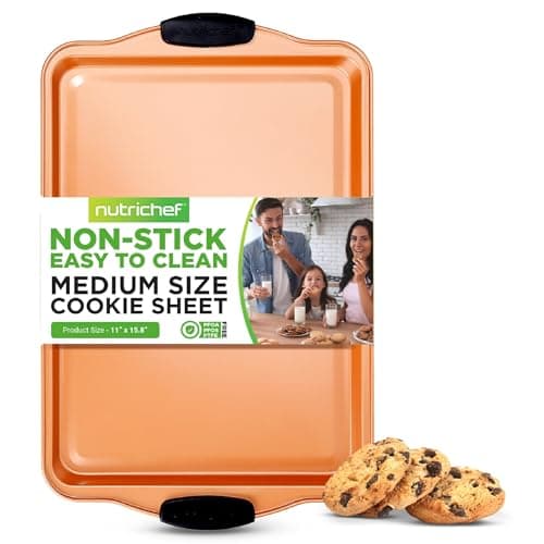 Nutrichef 15” Nonstick Cookie Sheet for Baking - Premium Grade Carbon Steel Non-Stick Baking & Roasting Pan w/ Silicone Handles - Dishwasher Safe, Copper
