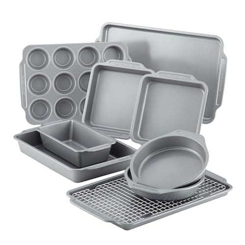 Farberware Nonstick Steel Bakeware Set with Cooling Rack, Baking Pan and Cookie Sheet Set with Nonstick Bread Pan and Cooling Grid, 10-Piece Set, Gray