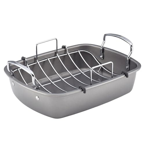 E-far Roasting Pan, 16 x 11.5 Inch Stainless Steel Turkey Roaster with V-shaped & Flat Rack, Non-toxic & Heavy Duty Deep Broiling Pan, Dishwasher Safe - Large