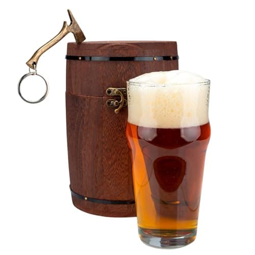 XRUSTAL Beer Glass Gift Set for Men – Premium Beer Mug, Axe Bottle Opener & Oak Barrel Box – Unique Birthday, Christmas or Father’s Day Gift for Dad, Husband, Boyfriend