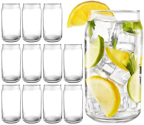 16 oz Can Shaped Glass Cups, Set of 12 Beer Can Glasses, Aesthetic Soda Can Cup Clear Glass Tumbler Beer Glasses, Cute Cups Tall Cocktail Drinkware, Cool Drinking Glasses for Kitchen, Modern Glassware