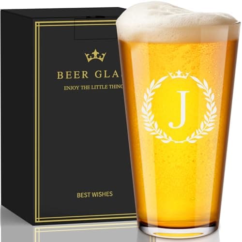 Personalized Beer Glasses Gifts for Men, 16 oz Pint Glasses Monogrammed A-Z Drinking Glass Cups Customized Gift, Unique Christmas Anniversary Birthday Gifts for Men Him Dad Brother Husband Grandpa (J)