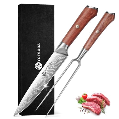 YOTSUBA Carving Knife and Fork Set, Meat Cutting Knife, Razor-Sharp German Stainless Steel Knives Fork Set with Ergonomic Wood Handle, Slicing Knives for Meats, BBQ & Vegetables