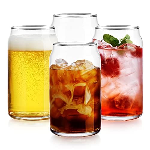 Glaver's Drinking Glasses Set of 4. Can Shaped Glass Cup Set, 16oz Beer Can Glass Coffee Cups, Cocktail Glasses, Water, Soda, Smoothie, Juice, Can Glasses. Dishwasher Safe