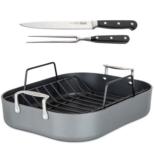 Viking Hard Anodized Aluminum Nonstick Roasting Pan with Non Stick Rack and Carving Set, 16 x 13 Inch Kitchen Cookware, Dishwasher and Oven Safe, Dark Grey