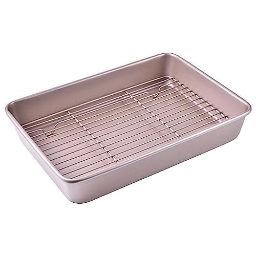 Bakeley 13-Inch Nonstick Roasting Baking Pan with Wire Rack(1Pan & 1Rack), Non-Stick Rectangular Deep Dish Oven-BBQ Bakeware for Oven Baking 13.78" x 9.84" x 2.36" (Champagne Gold)