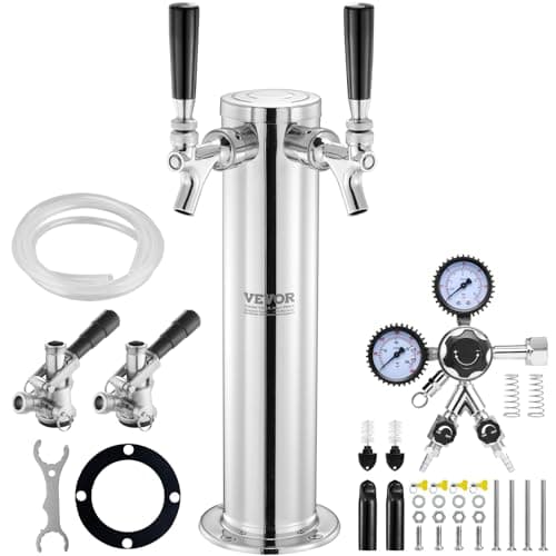 VEVOR Kegerator Tower Kit, Dual Taps Beer Conversion Kit, Stainless Steel Keg Beer Tower Dispenser with Dual Gauge CGA320 Regulator & D-System Keg Coupler, Self-Closing Spring for Party Bar Home