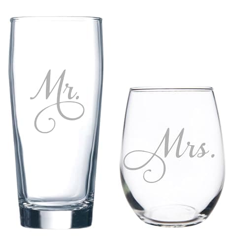 C M Mr Beer Glass, 20 oz and Mrs Stemless Wine Glass 15 oz Set of 2 - Gift for Couples, Bridal, Engagement and Weddings