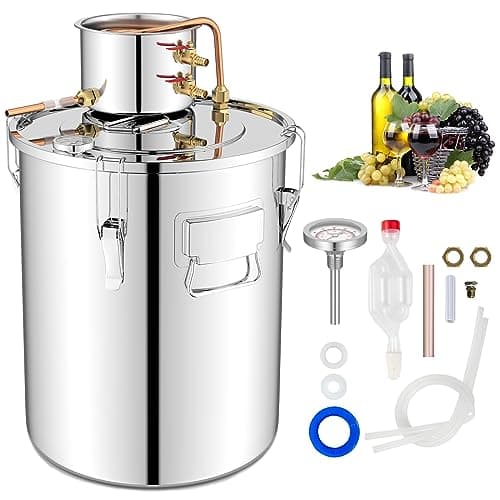Giantex 10 Gal Alcohol Still, 2 Pots Stainless Steel Alcohol Still w/Built-in Thermometer, Copper Tubes, Multi-purpose Home Brewing Kit for DIY Whiskey, Brandy, Silver