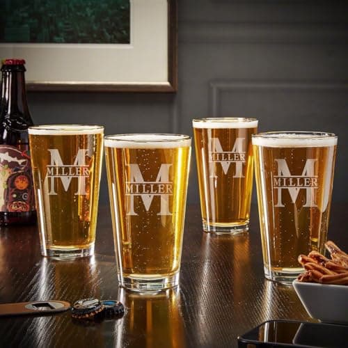 HomeWetBar Engraved Pint Glasses with Gold Rim, Set of 4