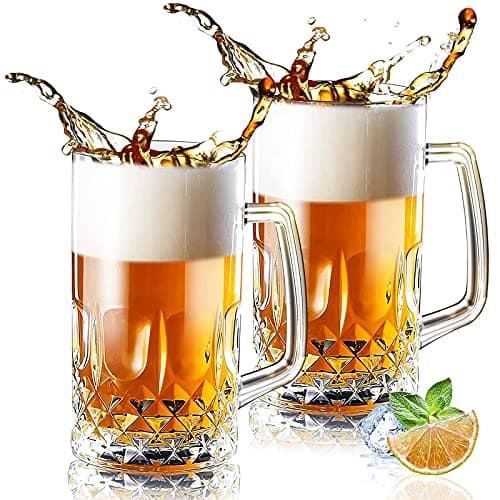 Momugs 32 Ounces Beer Stein Mugs - 2 Pack Extra Large German Style Clear Tall Beer Glasses for Men - Heavy Duty Thick Glass With Handle