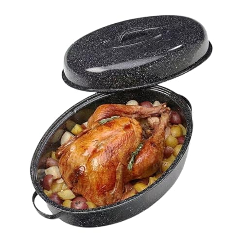 Turkey Roaster Pan 18in Roasting Pan With Lid Enamel Carbon Steel Roaster Pot with 16in Inner Diameter,18 Pound Large Capacity High Temperature Resistance Oval Cookware