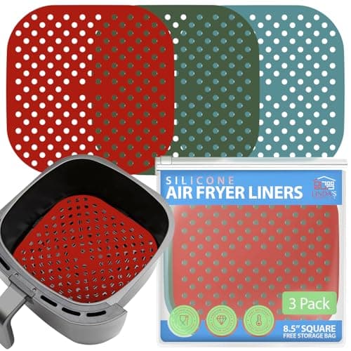 Reusable Square Silicone Air Fryer Liners (8.5 Inch, 3 Pack) by Linda’s Essentials - Non-Stick, Easy-Clean Accessories with Cheat Sheet & Recipe Book, Perfect for Quick Meals